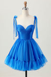 A Line Royal Blue Spaghetti Straps Ruffled Graduation Dress