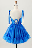 A Line Royal Blue Spaghetti Straps Ruffled Graduation Dress