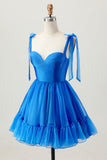 A Line Royal Blue Spaghetti Straps Ruffled Graduation Dress