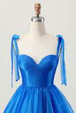 A Line Royal Blue Spaghetti Straps Ruffled Graduation Dress