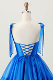 A Line Royal Blue Spaghetti Straps Ruffled Graduation Dress