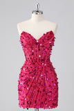 Sparkly Fuchsia Strapless Tight Short Sequins Corset Cocktail Dress with Beading