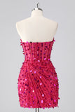 Sparkly Fuchsia Strapless Tight Short Sequins Corset Cocktail Dress with Beading