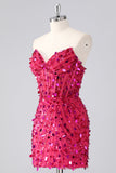Sparkly Fuchsia Strapless Tight Short Sequins Corset Cocktail Dress with Beading