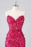 Sparkly Fuchsia Strapless Tight Short Sequins Corset Cocktail Dress with Beading