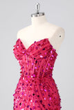 Sparkly Fuchsia Strapless Tight Short Sequins Corset Cocktail Dress with Beading