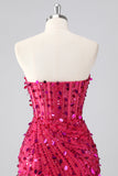 Sparkly Fuchsia Strapless Tight Short Sequins Corset Cocktail Dress with Beading