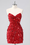 Sparkly Fuchsia Strapless Tight Short Sequins Corset Cocktail Dress with Beading
