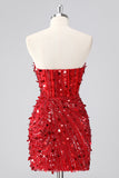 Sparkly Fuchsia Strapless Tight Short Sequins Corset Cocktail Dress with Beading