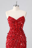 Sparkly Fuchsia Strapless Tight Short Sequins Corset Cocktail Dress with Beading
