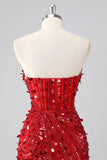 Sparkly Fuchsia Strapless Tight Short Sequins Corset Cocktail Dress with Beading