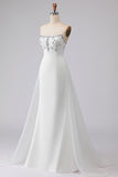 White Strapless A-Line Beaded Satin Long Wedding Dress