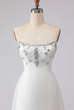 White Strapless A-Line Beaded Satin Long Wedding Dress
