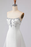 White Strapless A-Line Beaded Satin Long Wedding Dress