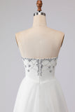 White Strapless A-Line Beaded Satin Long Wedding Dress