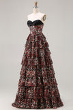 Brown Leopard A-Line Sweetheart Corset Tiered Long Prom Dress with Ruffles