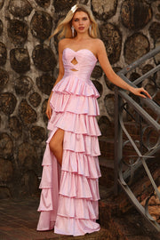 Pink Tiered Ruffle A Line Sweetheart Beaded Cut Out Long Prom Dress with Slit