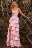 Pink Tiered Ruffle A Line Sweetheart Beaded Cut Out Long Prom Dress with Slit