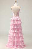 Sweetheart A Line Pink Beaded Tiered Cut Out Long Prom Dress with Ruffles