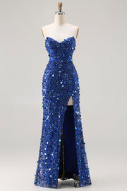 Sparkly Royal Blue Strapless Sheath Sequin Corset Long Prom Dress With Slit