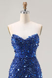 Sparkly Blue Strapless Sheath Sequin Corset Long Prom Dress With Slit