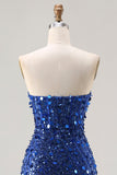 Sparkly Blue Strapless Sheath Sequin Corset Long Prom Dress With Slit