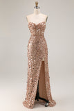 Sparkly Red Strapless Sheath Sequins Corset Long Prom Dress with Slit