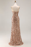 Sparkly Sheath Strapless Corset Long Pink Prom Dress with Slit