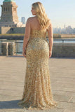 Sparkly Golden Strapless Sequins Sheath Plus Size Long Prom Dress with Slit