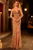 Sparkly Pink Strapless Sheath Sequin Long Prom Dress with Slit