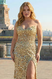 Sparkly Golden Strapless Sequins Sheath Plus Size Long Prom Dress with Slit
