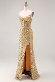 Sparkly Golden Strapless Sequins Sheath Plus Size Long Prom Dress with Slit