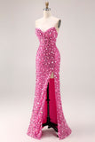 Sparkly Red Strapless Sheath Sequins Corset Long Prom Dress with Slit