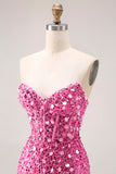 Sparkly Sheath Strapless Corset Long Pink Prom Dress with Slit