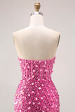 Sparkly Sheath Strapless Corset Long Pink Prom Dress with Slit