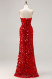 Sparkly Red Strapless Sheath Sequins Corset Long Prom Dress with Slit