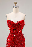 Sparkly Red Strapless Sheath Sequins Corset Long Prom Dress with Slit