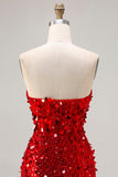 Sparkly Red Strapless Sheath Sequins Corset Long Prom Dress with Slit