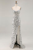 Sparkly Champagne Strapless Sheath Long Prom Dress With Slit