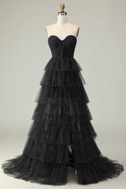 Black A Line Strapless Tiered Ruffle Polka Dots Long Prom Dress with Slit