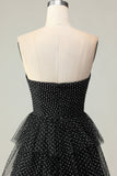 Black A Line Strapless Tiered Ruffle Polka Dots Long Prom Dress with Slit