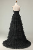 Black Strapless A Line Tiered Ruffle Polka Dots Long Prom Dress with Slit