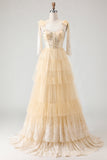 Apricot A Line Beaded Corset Ruffled Long Prom Dress with Lace Up Back