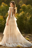 Champagne Corset A Line Ruffled Beaded Long Prom Dress with Lace Up Back