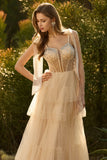 Pink A Line Ruffled Corset Beaded Long Prom Dress with Lace Up Back
