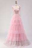 Pink A Line Corset Ruffled Beaded Long Prom Dress with Lace Up Back