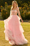 Pink A Line Ruffled Corset Beaded Long Prom Dress with Lace Up Back