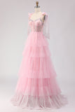 Pink A Line Corset Ruffled Beaded Long Prom Dress with Lace Up Back