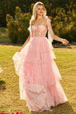 Champagne Corset A Line Ruffled Beaded Long Prom Dress with Lace Up Back