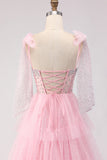 Pink A Line Corset Ruffled Beaded Long Prom Dress with Lace Up Back